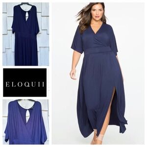 ELOQUII‎ Navy Blue Faux Wrap Maxi Dress Keyhole Back Dolman Sleeve Size 22/24